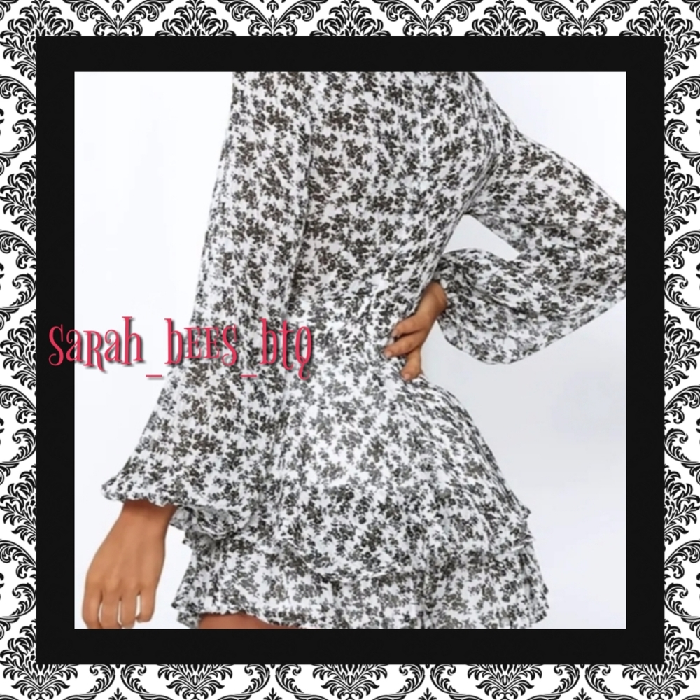 Black & White Floral Wrap Romper with Ruffle Skirt - Picture 3 of 9